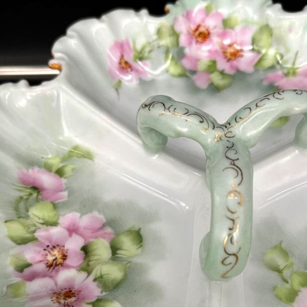 Vintage Art Nouveau Green Pink Floral Porcelain Divided Serving Dish Candy Nuts - Picture 4 of 6